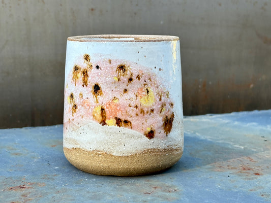 Speckled white cup- guava splash and raw rim