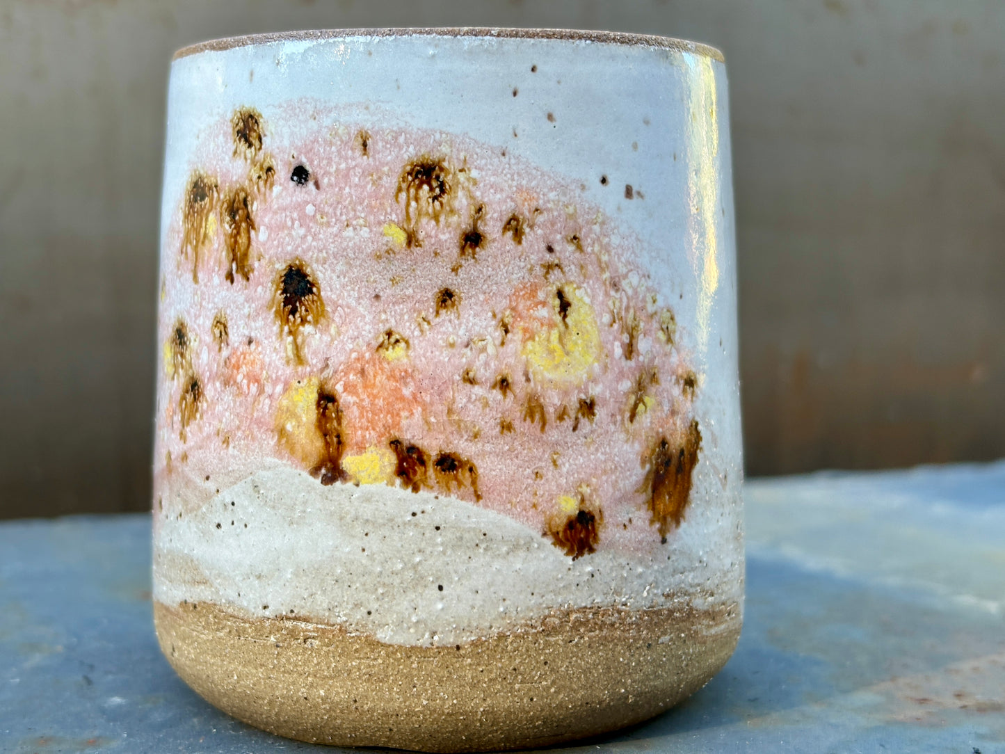 Speckled white cup- guava splash and raw rim