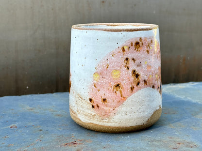 Speckled white cup- guava splash and raw rim